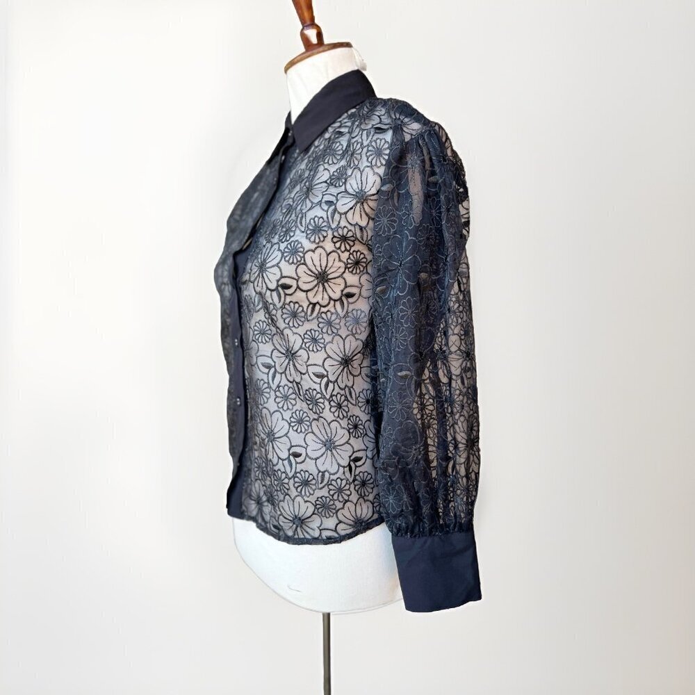 J.O.A Women’s Black Mesh Floral Sheer Collared Evening Jacket XS NWOT - Picture 11 of 12